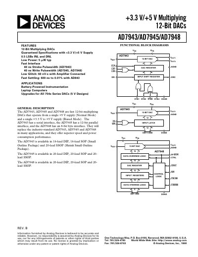 Analog Devices AD7943/AD7945/AD7948 12‑Bit Multiplying DACs Datasheet - cover page