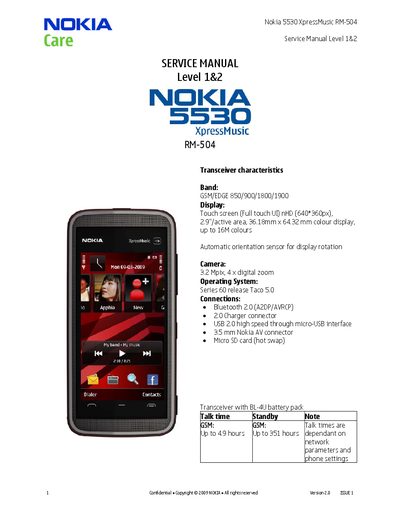 Nokia 5530 XpressMusic RM-504 Service Manual - cover page