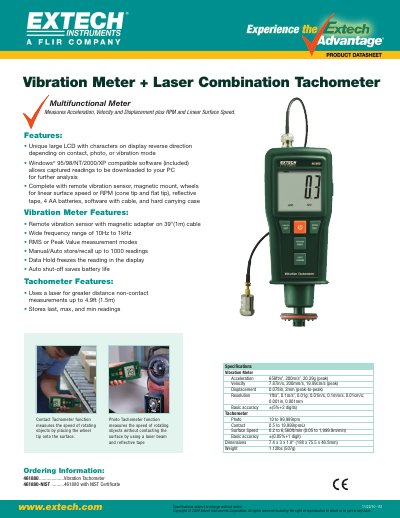 EXTECH 461880....................Vibration Tachometer 461880-NIST ..........461880 with NIST Certificate Manual - cover page
