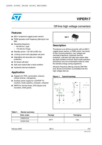STMicroelectronics VIPER17 Datasheet - cover page