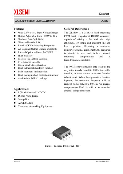 XLSEMI XL1410 2A 380kHz 18V Buck DC to DC Converter Datasheet - cover page
