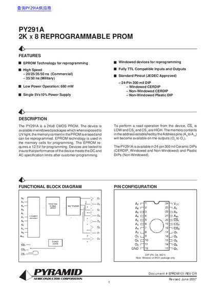 Pyramid PY291A 2K x 8 Reprogrammable PROM Datasheet - cover page