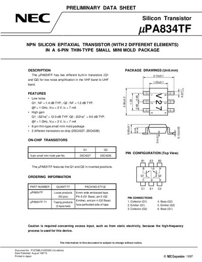 NEC uPA834TF Silicon Transistor Data Sheet - cover page