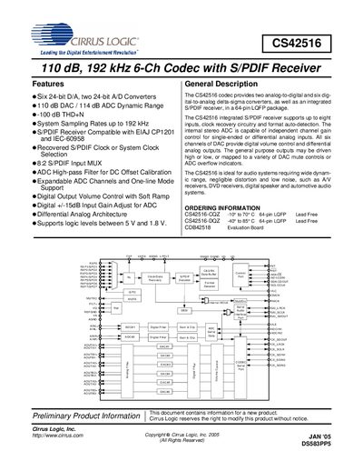 Cirrus Logic CS42516 Datasheet - cover page