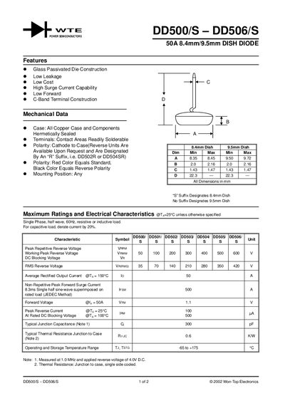 Won-Top Electronics DD500/S-DD506/S Dish Diode Datasheet - cover page