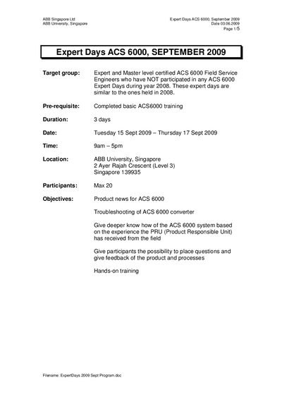 ABB ACS 6000 Expert Days September 2009 Training Program - cover page