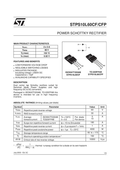 STMicroelectronics STPS10L60CF/CFP Power Schottky Rectifier Handbook - cover page