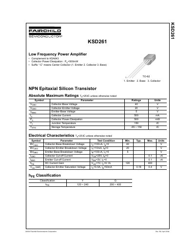 Fairchild KSD261 NPN Epitaxial Silicon Transistor Datasheet - cover page