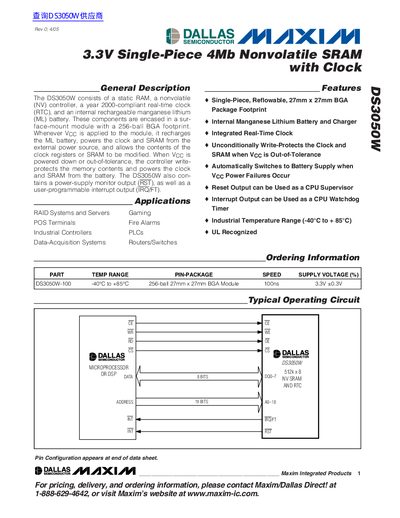 Maxim Integrated Products DS3050W 3.3V Single-Piece 4Mb Nonvolatile SRAM with Clock Datasheet - cover page