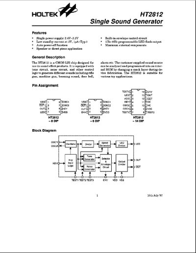 Holtek HT2812 Single Sound Generator Datasheet - cover page