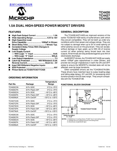 Microchip TC4426/TC4427/TC4428 Dual High-Speed Power MOSFET Drivers Datasheet