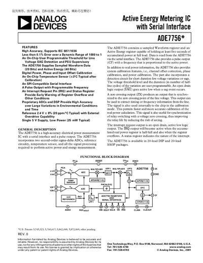 Analog Devices ADE7756 Energy Metering IC Datasheet - cover page