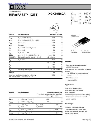 IXYS IXGK80N60A IGBT Datasheet - cover page