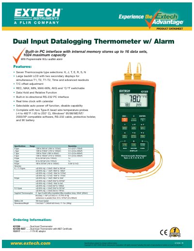 EXTECH 421509 ................Dual Input Thermometer 421509-NIST ......Dual Input Thermometer with NIST Certificate 153117 ................117V AC adaptor Manual(1) - cover page