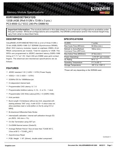 ValueRAM KVR1066D3E7SK3/12G Datasheet - cover page