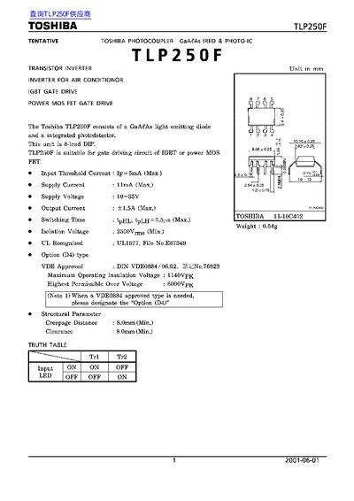 Toshiba TLP250F Photocoupler Datasheet - cover page