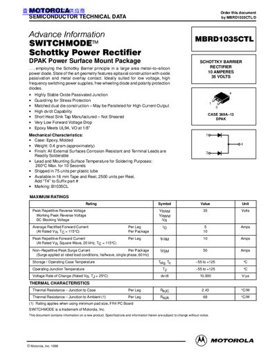Motorola MBRD1035CTL Schottky Power Rectifier Datasheet - cover page