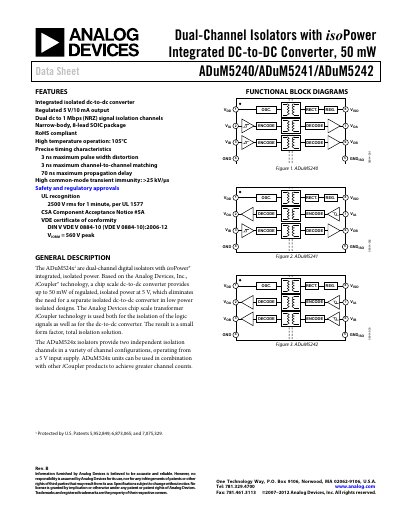 Analog Devices ADuM5240 Dual-Channel Isolator Data Sheet - cover page
