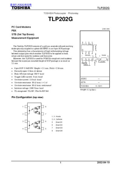Toshiba TLP202G Photocoupler Datasheet - cover page