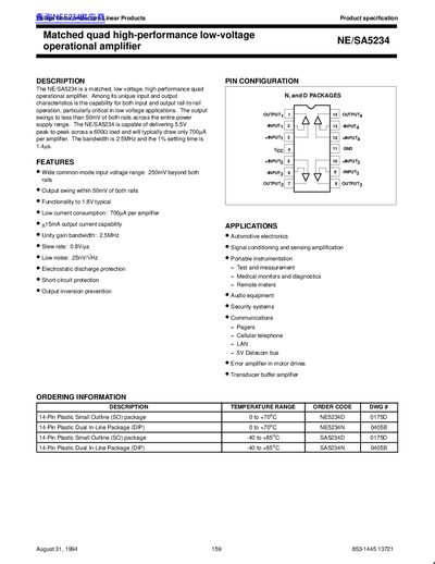 Philips NE/SA5234 Matched Quad Operational Amplifier Product Specification - cover page