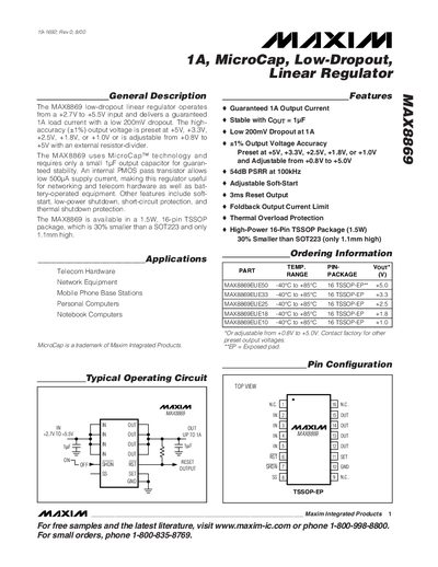 Maxim MAX8869 1A MicroCap Low-Dropout Linear Regulator Datasheet - cover page