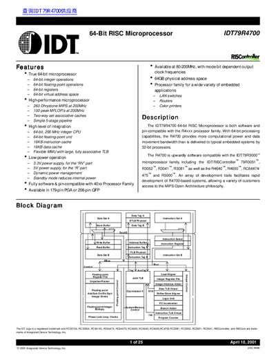 Integrated Device Technology IDT79R4700 64‑Bit RISC Microprocessor Datasheet - cover page