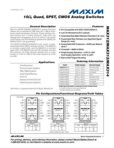 Maxim MAX312/MAX313/MAX314 Quad SPST CMOS Analog Switches Datasheet