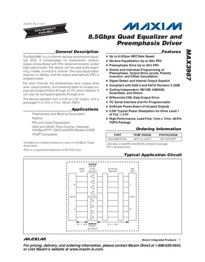 Maxim MAX3987 8.5Gbps Quad Equalizer and Preemphasis Drive Datasheet - cover page