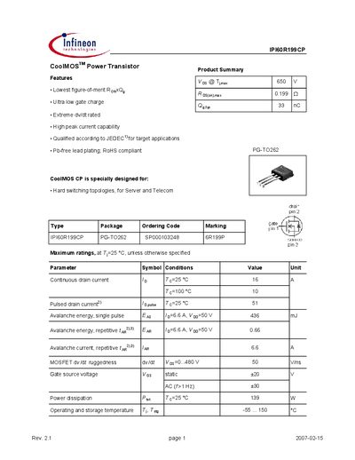 INFINEON IPI60R199CP Manual - cover page