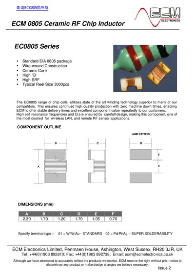 ECM Electronics EC0805 Series Ceramic RF Chip Inductor Datasheet - cover page