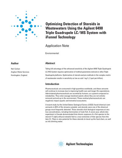 Agilent 6490 Triple Quadrupole LC/MS Application Note for Steroid Detection in Wastewaters - cover page