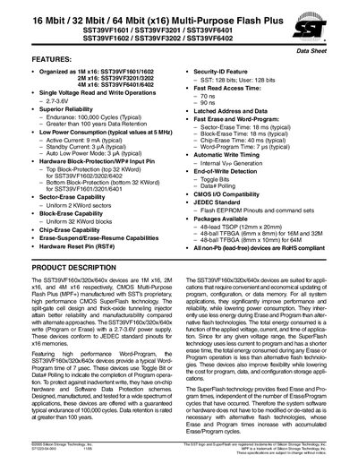 SILICON STORAGE TECHNOLOGY SST39VF1601 SST39VF3201 SST39VF6401 SST39VF1602 SST39VF3202 SST39VF6402 Multi-Purpose Flash Plus handbook - cover page