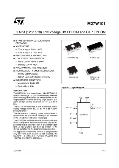 STMicroelectronics M27W101 EPROM Datasheet - cover page