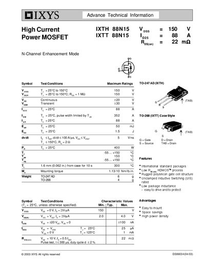 IXYS IXTH 88N15 Data Sheet - cover page