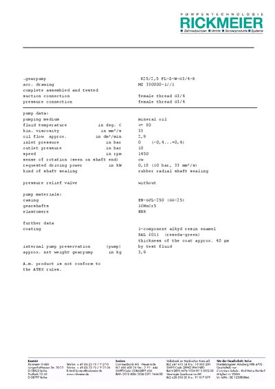Rickmeier R25/2.5 FL-Z-W-G3/4-R Gear Pump Data Sheet - cover page