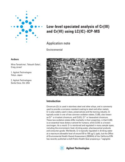 Agilent Low-level Speciated Analysis of Cr(III) and Cr(VI) Using LC(IC)-ICP-MS Application Note - cover page