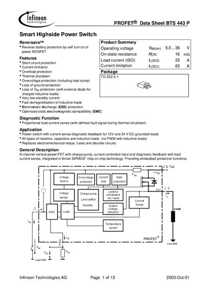 Infineon BTS443P PROFET Smart High‑Side Power Switch Data Sheet