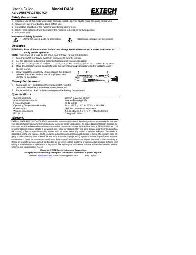 Extech DA30 AC Current Detector User's Guide - cover page