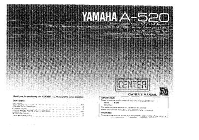 Yamaha A-520 Integrated Stereo Amplifier Owner's Manual - cover page