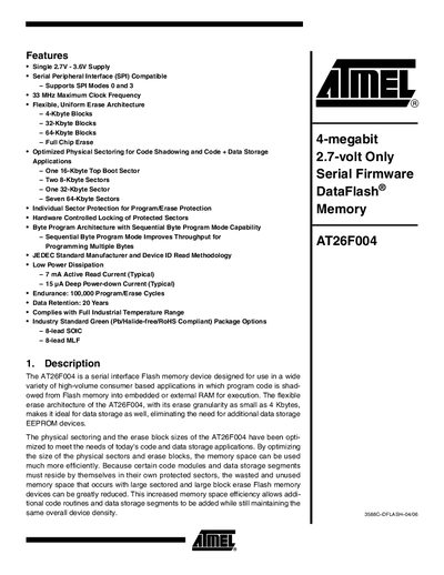ATMEL 4-megabit 2.7-volt Only Serial Firmware DataFlash Memory AT26F004 Manual - cover page