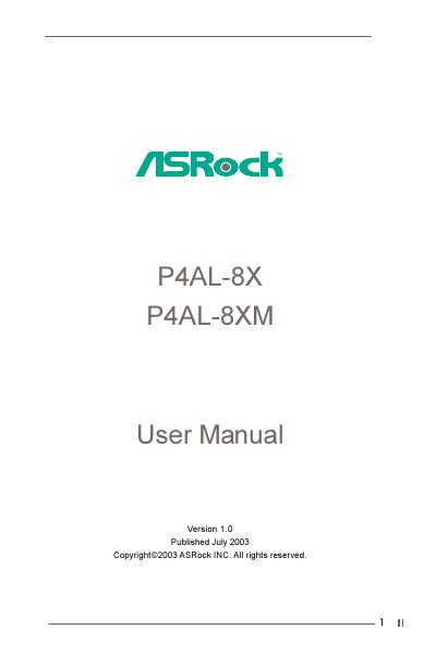 ASRock P4AL-8X / P4AL-8XM Motherboard User Manual - cover page