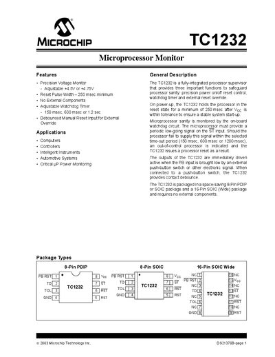 Microchip TC1232 Microprocessor Monitor Datasheet - cover page