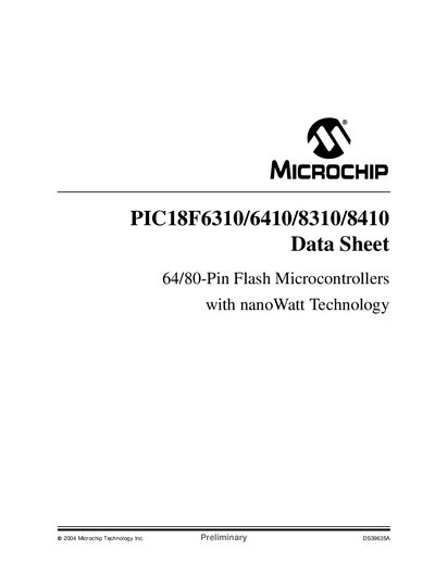 Microchip PIC18F6310/6410/8310/8410 Datasheet - cover page