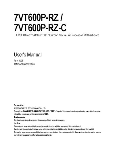 GIGABYTE 7VT600P-RZ 7VT600P-RZ-C AMD Athlon Athlon XP Duron Socket A Processor Motherboard User's Manual