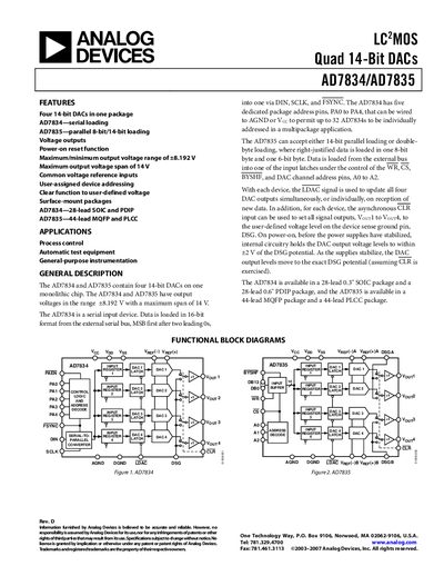 Analog Devices AD7834/AD7835 Quad 14‑Bit DAC Datasheet - cover page