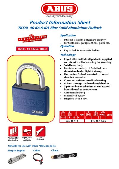 ABUS Product Information Sheet T65AL 40 KA 6401 Blue Solid Aluminium Padlock Manual - cover page