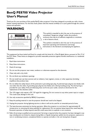 BenQ PE8700 Video Projector User's Manual