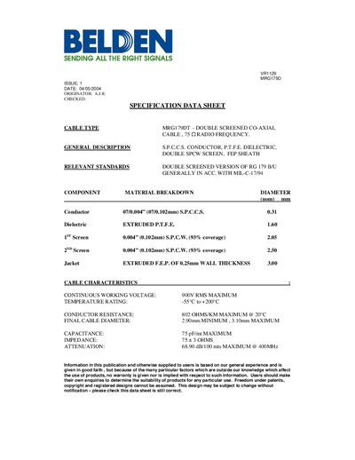 Belden VR1129 MRG179D Cable Specification Data Sheet - cover page