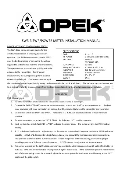 SWR SWR-3 SWR/Power Meter Installation Manual