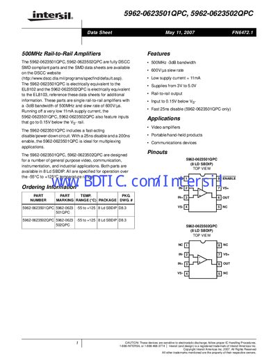 Intersil 5962-0623501QPC Datasheet - cover page